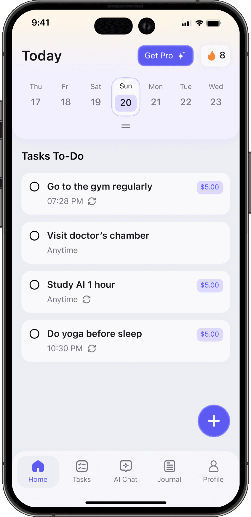 Caplar home screen with today's tasks