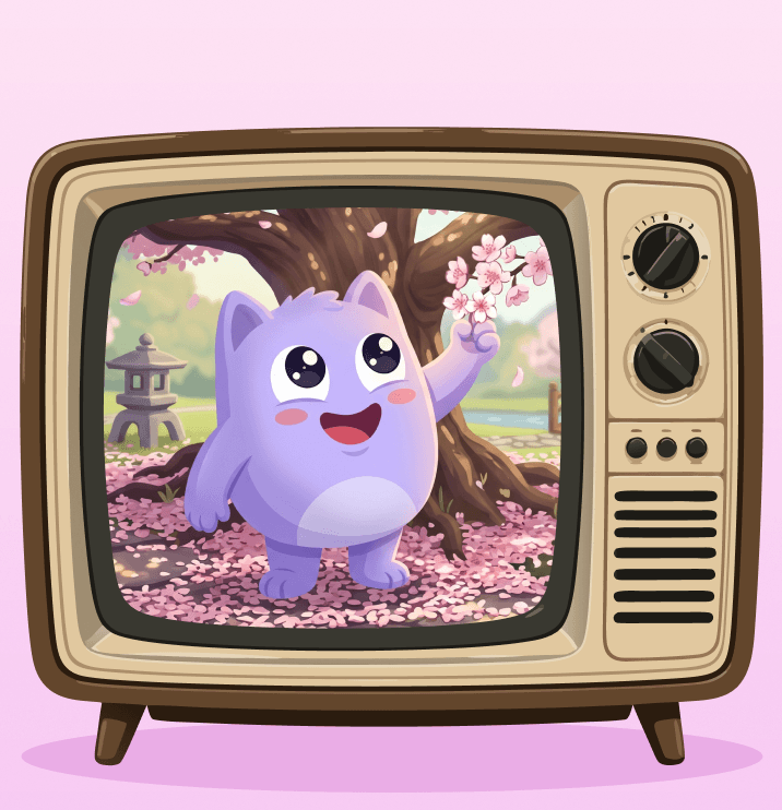 Capi waving under a cherry blossom tree, on a vintage TV