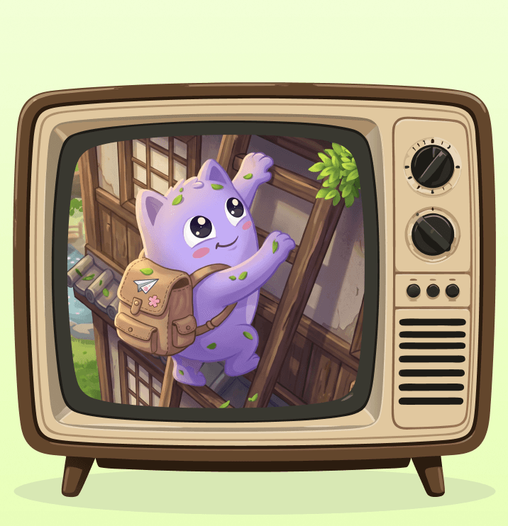 Capi climbing a ladder with a backpack, on a vintage TV