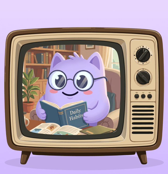 Capi reading a book in glasses, on a vintage TV