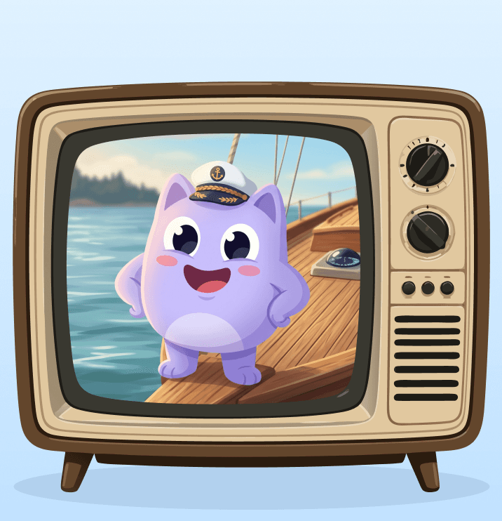Capi in a captain's hat on a sailing boat, on a vintage TV