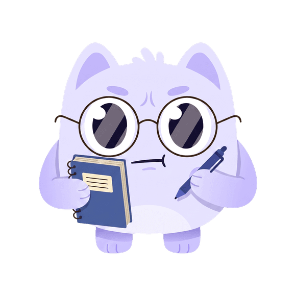 Capi in glasses holding a notebook and pen