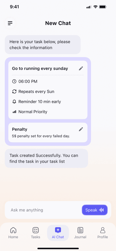 Caplar AI chat creating a repeating task with a $5 penalty