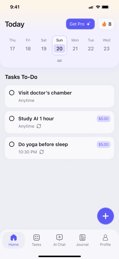 Caplar home screen showing today's tasks with money penalties attached