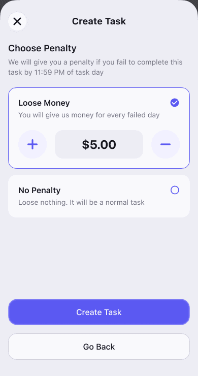Caplar choose penalty screen with a $5.00 stake selected
